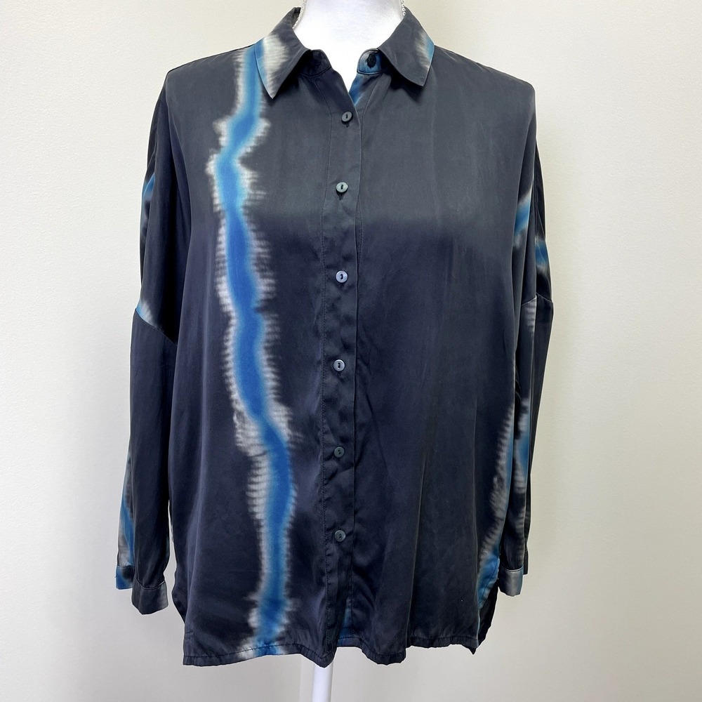 Notshy Cashmere 100% Silk Tie Dye Oversized Button Down Shirt Black Blue S/M